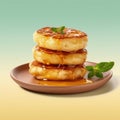 Delicious puff cottage cheese pancakes with honey and mint leaves on a plate and at the topwith shadows, generative AI Royalty Free Stock Photo
