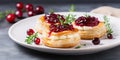 Delicious puff pastry with cranberry sauce and cheese on a plate Generative AI