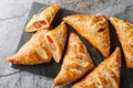 Delicious puff pastry pies with sausage, cheese, sesame and pepper close-up on a marble board. Horizontal top view Royalty Free Stock Photo