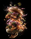 A delicious pulled pork sandwich with onions, greens, and crispy bits caught mid-air against a dark background Royalty Free Stock Photo
