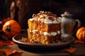 Delicious pumpkin cake with creamy filling walnuts and honey syrup on wooden table in rustic kitchen interior