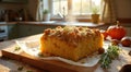 Delicious pumpkin crumb cake on wooden board in sunlit kitchen Royalty Free Stock Photo
