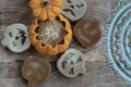 Delicious pumpkin ghost made with Agar powder and Halloween pumpkin. Tasty jelly in the shaped of cute ghost pumpkin