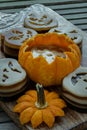 Delicious pumpkin ghost made with Agar powder and Halloween pumpkin. Tasty jelly in the shaped of cute ghost pumpkin