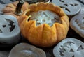 Delicious pumpkin ghost made with Agar powder in Halloween pumpkin. Tasty jelly in the shaped of cute ghost pumpkin