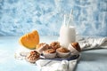 Delicious pumpkin muffins and bottle of milk on table Royalty Free Stock Photo