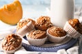 Delicious pumpkin muffins and bottle of milk on table Royalty Free Stock Photo