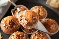 Delicious pumpkin muffins with sunflower seeds, closeup Royalty Free Stock Photo