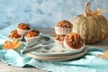 Delicious pumpkin muffins with sunflower seeds on plate Royalty Free Stock Photo