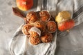 Delicious pumpkin muffins with sunflower seeds on table Royalty Free Stock Photo