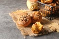 Delicious pumpkin muffins with sunflower seeds on table Royalty Free Stock Photo