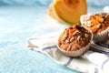 Delicious pumpkin muffins on table Royalty Free Stock Photo