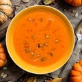 Pumpkin soup in a bowl on a table, top view
