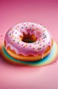 Delicious purple donut topped with colorful sprinkles on vibrant pink background. For advertise cafe, pastry shop Royalty Free Stock Photo