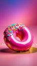 Delicious purple donut topped with colorful sprinkles on vibrant pink background. For advertise cafe, pastry shop Royalty Free Stock Photo