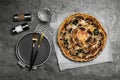 Delicious quiche with mushrooms served on grey table, flat lay Royalty Free Stock Photo