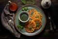 delicious quick snack in form of fried potato pancakes with sauce and herbs around plate