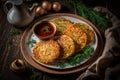 delicious quick snack in form of fried potato pancakes with sauce and herbs around plate