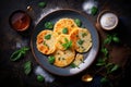 delicious quick snack in form of fried potato pancakes with sauce and herbs around plate