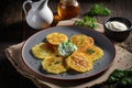 delicious quick snack in form of fried potato pancakes with sauce and herbs around plate