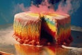 Delicious rainbow cake with the one slice cut out of it. Generative AI