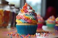 Delicious rainbow colored cupcake decorated with frosting and candy drops