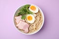 Delicious ramen with meat on violet background, top view. Noodle soup
