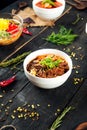 Delicious ramen noodle beef soup in a white bow Royalty Free Stock Photo