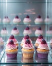 Delicious Raspberry And Blueberry Cupcakes Displayed In A Glass Case Royalty Free Stock Photo
