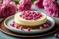 Delicious raspberry cheesecake with fresh raspberries, selective focus