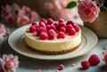 Delicious raspberry cheesecake with fresh raspberries, selective focus