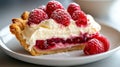 Delicious raspberry cream pie slice with fresh berries and flaky crust on white Royalty Free Stock Photo