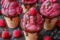 Delicious Raspberry Ice Cream Cones Drizzled with Chocolate Sauce Surrounded by Berries and Cocoa Nibs