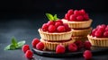 Delicious raspberry mini tarts (tartlets) with whipped cream on dark background. Generative AI