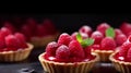 Delicious raspberry mini tarts (tartlets) with whipped cream on dark background. Generative AI