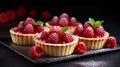 Delicious raspberry mini tarts (tartlets) with whipped cream on dark background. Generative AI