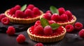 Delicious raspberry mini tarts (tartlets) with whipped cream on dark background. Generative AI