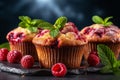 Delicious raspberry muffins with copy space for text placement on defocused kitchen background Royalty Free Stock Photo