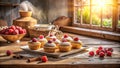 Delicious raspberry muffins dusted with powdered sugar on a rustic wooden table in sunlit kitchen. Generative AI Royalty Free Stock Photo
