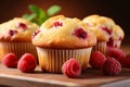 Delicious raspberry muffins easy homemade recipe concept with copy space on blurred background Royalty Free Stock Photo