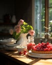 Delicious raspberry tart with cream in a beautiful cozy kitchen on a sunny day