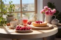 Delicious raspberry tart with cream in beautiful cozy white kitchen on sunny day