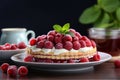 Delicious raspberry tart with cream and white dishes on black background