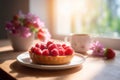 Delicious raspberry tart decorated with tasty fresh berries. Generative AI