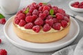 Delicious raspberry tart with vanilla custard cream sprinkled with powdered sugar on a white plate on a gray concrete background. Royalty Free Stock Photo