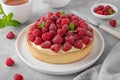 Delicious raspberry tart with vanilla custard cream sprinkled with powdered sugar on a white plate on a gray concrete background. Royalty Free Stock Photo