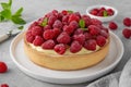 Delicious raspberry tart with vanilla custard cream sprinkled with powdered sugar on a white plate on a gray concrete background. Royalty Free Stock Photo