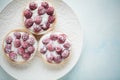 Delicious raspberry tartlets on a white vintage plate. Sweet treat on a light blue background. Flat lay and copy space. Top view Royalty Free Stock Photo
