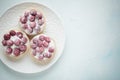 Delicious raspberry tartlets on a white vintage plate. Sweet treat on a light blue background. Flat lay and copy space. Top view Royalty Free Stock Photo