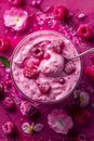 Delicious Raspberry Yogurt Bowl with Fresh Berries and Petals on Vibrant Pink Background, Healthy Breakfast Concept